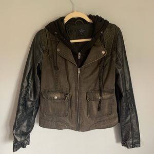 Cool faux leather jacket with hood. Women size med